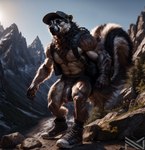 1:1 abs absurd_res anthro backpack balls big_balls big_penis brown_body brown_fur clothing colorful detailed detailed_background detailed_fur flaccid footwear fur genitals hair hat headgear headwear hi_res hiking light lighting male mammal mephitid muscular muscular_anthro muscular_male mustelid navel notte nude outdoors outside pecs penis portrait realistic realistic_fur shaded shoes skunk sneakers soft_shading solo tuft