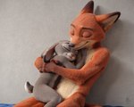 anthro cuddling duo ears_down embrace eyes_closed female holding_partner hug inside male male/female nude pivoted_ears realistic realistic_fur realistic_lighting sitting smile alucard_(director) zootopia judy_hopps nick_wilde canid canine fox lagomorph leporid mammal rabbit hi_res