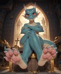 angry anthro blush claws crossed_arms crossed_legs feet female foot_fetish foot_focus front_view horn looking_at_viewer low-angle_view pawpads scales sitting solo treasure_hoard jazzhands_(director) dragon kobold hi_res