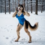 animal_ears animal_nose anthro big_breasts blue_clothing blue_swimwear breasts clothing digitigrade female forest forest_background fur handpaw nature nature_background navel_outline pawpads paws plant slightly_chubby snow solo swimwear tail tongue tongue_out tree nealime canid canine canis domestic_dog husky mammal nordic_sled_dog spitz hi_res