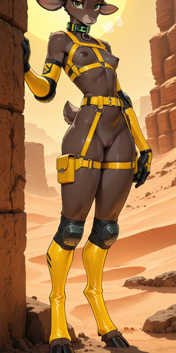 anthro breasts clothing collar desert elbow_pads female genitals gloves handwear horn knee_pads nude nude_female ortaondoberman pussy sand small_breasts solo sun tactical_gear bovid caprine goat mammal hi_res