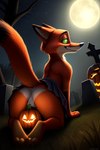 all_fours anthro bottomwear butt cemetery clothed clothing clothing_lift disney food fruit fur genitals glowing glowing_eyes gown green_eyes halloween looking_at_viewer looking_back male moon narrowed_eyes night panties plant presenting pumpkin raised_tail skirt skirt_lift smile smiling_at_viewer solo tombstone underwear zootopia angry_puppy nick_wilde canid canine fox mammal