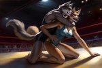 angry anthro arm_around_neck athletic breasts canid canine canineluvr19 canis cleavage clothed clothing coyote crowd dominant duo female fighting_ring fur grey_body grey_fur group hand_on_ground hand_on_hip hi_res kneeling mammal open_mouth tan_body tan_fur wolf wrestler