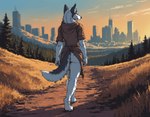 amazing_background ambiguous_gender anthro bottomless city city_background cloak clothed clothing cloud detailed_background dusk evening forest grass looking_away orange_sky plant rear_view skyscraper solo standing tail_aside tree walking freekhitman canid canine canis mammal wolf absurd_res hi_res