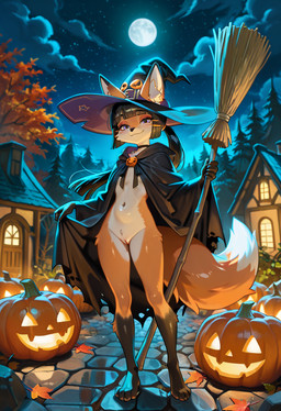 anthro bottomless broom cape cleaning_tool clothed clothing female genitals halloween hat headgear headwear looking_at_viewer pussy solo standing witch_costume witch_hat denis0k canid canine fox mammal hi_res
