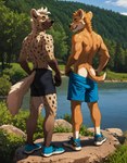 anthro bottomwear bottomwear_down butt clothed clothing countershading duo footwear forest forest_background lake looking_at_viewer looking_back looking_back_at_viewer male male/male nature nature_background outside plant shoes shorts small_waist sneakers spots spotted_body topless tree undressing kudzu canid canine hyaenid mammal absurd_res hi_res