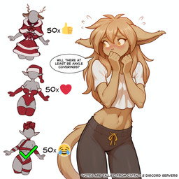<3 anthro armwear blush bodily_fluids bottomwear breasts brown_body brown_fur brown_hair christmas christmas_clothing christmas_headwear clothed clothing crop_top dialogue elbow_gloves embarrassed female fur gloves hair handwear hat headgear headwear holidays legwear midriff navel pants red_ribbon ribbons santa_hat shirt shy simple_background speech_bubble sweat sweatdrop text topwear tuft white_background yellow_eyes anontk twokinds madelyn_adelaide capreoline cervid elf felid human humanoid mammal english_text hi_res url