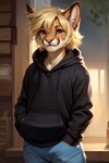 anthro blonde_hair bottomwear brown_eyes clothing denim denim_clothing female fluffy_ears hair hands_in_both_pockets hoodie jeans pants pink_nose solo topwear mindry heath_(mindry) cougar felid feline mammal