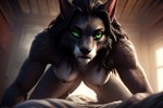 anthro areola bed bedroom big_breasts black_body black_fur blizzard_entertainment breasts canid canine female front_view fur furniture green_eyes kauket kauket_blackmoore looking_at_viewer low-angle_view mammal nipples nude solo warcraft were werecanid werecanine worgen world_of_warcraft