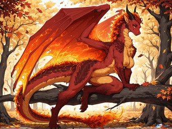 anthro autumn autumn_leaves autumn_trees breasts female forest fur genitals hair looking_at_viewer membrane_(anatomy) membranous_wings mythology nipples orange_body orange_eyes orange_fur outside park plant pussy red_body sitting_on_branch smile solo tree tuft wings chrisphoenix dragon furred_dragon mythological_creature mythological_scalie scalie absurd_res hi_res