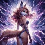 anthro bra butt canid canine clothed clothing dall-e_3 director_sunshine female fox fur hair lightning looking_at_viewer looking_back looking_back_at_viewer mammal panties skimpy solo underwear