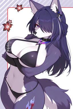 big_penis bikini black_bikini black_clothing black_swimwear breasts choker cleavage clothed clothing crossed_arms ear_piercing ear_ring eyelashes female fluffy fluffy_tail fur genitals hair huge_penis jewelry long_hair looking_at_viewer micro_bikini navel necklace one_eye_obstructed penis piercing purple_body purple_eyes purple_fur purple_hair ring_piercing simple_background solo standing swimwear tail thick_thighs tenderfloof honkai:_star_rail acheron_(honkai:_star_rail) canid canine canis mammal wolf absurd_res hi_res