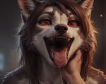 after_kiss anthro bodily_fluids drooling female first_person_view hair hand_on_face happy mouth_shot open_mouth red_eyes saliva saliva_string simple_background solo teeth tongue tongue_out cerinil canid canid_demon canine demon hellhound mammal