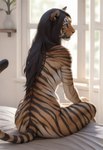 anthro bed black_hair blue_eyes digitigrade female fur furniture hair long_hair nude on_bed orange_body orange_fur plant sitting sitting_on_bed smile solo stripes tasteful_nudity window director_crashbandit felid mammal pantherine tiger hi_res novelai