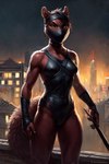 anthro athletic athletic_anthro athletic_female biceps black_suit city city_background clothing curved_tail curvy_figure detailed_background female flat_chested fluffy fluffy_tail latex_clothing mask muscular muscular_anthro muscular_female ninja paws rooftop round_ears solo squat sunset tight_clothing warrior hellapoc mammal rodent sciurid attempted_signature