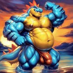 anthro balls_outline belly big_muscles blue_body bulge clothing cloud countershade_face countershade_torso countershading feraligatr flexing flexing_biceps generation_2_pokemon genital_outline hi_res krazark looking_at_viewer male musclegut muscular muscular_anthro muscular_male navel nipples overweight overweight_anthro overweight_male partially_submerged penis_outline pokemon_(species) pose red_clothing red_underwear sea seaside solo standing sunset thick_arms thick_thighs underwear water wet yellow_body yellow_countershading