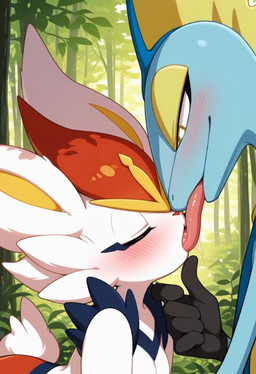 5_fingers ambiguous_gender anthro blush bodily_fluids breasts duo eyes_closed female female/ambiguous fingers forest forest_background french_kissing fur interspecies kissing long_tongue multicolored_body multicolored_fur nature nature_background plant saliva saliva_string tongue tree white_body white_fur anguirus12345 nintendo pokemon cinderace generation_8_pokemon inteleon pokemon_(species) hi_res male_(lore)