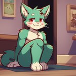 anthro blush building fur green_body green_fur house male red_eyes sitting solo candougie megaman_(game) tango_(mega_man) domestic_cat felid feline felis mammal