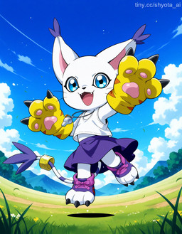 3_fingers accessory blue_eyes bottomwear clothing female feral fingers footwear fur furgonomic gloves handwear jewelry open_toe_shoes paw_gloves pawpads plains ring shirt shoes skirt solo tail tail_accessory tail_jewelry tail_ring tank_top topwear whistle white_body white_fur digimon digimon_(species) gatomon hi_res