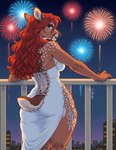 anthro butt clothing curled_hair dress female fireworks freckles hair looking_at_viewer looking_back looking_back_at_viewer railing rear_view red_hair scut_tail short_tail smile solo teal_eyes gilkardex vivian_(gilkardex) cervid mammal absurd_res hi_res