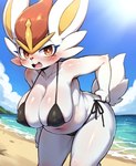 anthro beach big_breasts bikini blush breasts clothing female fur light looking_at_viewer nipple_outline outside pokemon sea seaside sky smile solo sun sunlight swimwear water white_body white_fur awesomeoras cinderace generation_8_pokemon lagomorph leporid mammal pokemon_(species)