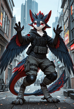 4_ears action_pose anthro black_arms black_body black_clothing black_horn black_legs black_mane black_sclera blue_mane boots bottomwear cargo_pants city city_background clothing digitigrade feathers fighting_pose fluffy footwear hair highlights_(coloring) horn jacket knee_pads male mane military_uniform multi_ear multicolored_hair pants pose pupils red_body red_eyes red_mane red_scales scales slim slit_pupils solo standing tactical_gear tail_feathers topwear uniform white_chest white_face white_muzzle white_nose wide_hips winged_arms wings zarey avali hybrid absurd_res hi_res