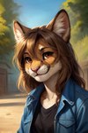 anthro black_clothing black_shirt black_topwear brown_eyes clothing dark_blonde female jean_jacket pink_nose shirt smile solo topwear mindry elysa_(mindry) cougar felid feline mammal