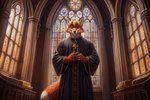 anthro architecture autumndragon blonde_hair canid canine cathedral clothed clothing dipstick_tail father_fox fox hair male mammal markings priest red_fox religious_clothing solo stained_glass tail_markings