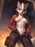 anthro bottomwear breasts canid canine canis clothed clothing crossgender eye_patch eyewear female holster jacket mammal mtf_crossgender nipples open_clothing open_shirt open_topwear pants scar science_fiction shirt solo space star_fox styx343 topwear undressing unzipped wolf wolf_o'donnell