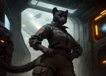 2023 anthro black_body black_fur clothed clothing detailed_background felid female fully_clothed fur half-length_portrait hands_on_hips hi_res jaguar looking_at_viewer low-angle_view malakim mammal melanistic pantherine planet portrait science_fiction solo spacecraft spacecraft_interior stable_diffusion uniform vehicle whiskers window yiffymix_(model)