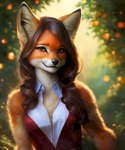 anthro black_nose blurred_background breasts brown_hair canid canine clothed clothing countershading detailed detailed_background eyebrows eyelashes female fox front_view fur glistening glistening_eyes hair inner_ear_fluff light long_hair looking_at_viewer mammal orange_body orange_fur pikaflufftuft plant portrait realistic red_fox signature smile snout solo topwear tree tuft watermark whiskers white_body white_countershading white_fur