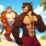 anthro beach clothed clothing cloud dall-e_3 duo featureless_crotch felid jewelry male male/male mammal muscular necklace nipples nude pantherine plant sand sea seaside swimwear tiger topless tree ursid water zidanes123