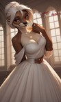 anthro black_fingernails black_lips black_nose blurred_background bottomless breasts brown_body brown_fur cleavage clothed clothing collarbone countershade_breasts countershade_face countershade_neck countershade_torso countershading dialogue director_name dress eyebrows eyelashes female fur gem gown hair hair_bun hand_behind_back inner_ear_fluff inside lips looking_at_viewer noobai_(model) off_shoulder red_eyes ruby_(gem) solo talking_to_viewer text topwear topwear_only tuft whisker_spots whiskers white_clothing white_dress white_hair white_topwear white_whiskers window window_light oaf40 lutrine mammal mustelid river_otter 2025 absurd_res alternate_version_at_source colored english_text hi_res signature