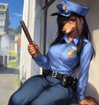 anthro baton canid canine canis clothing domestic_dog female hair hi_res looking_at_viewer mammal outside police police_uniform seductive solo traialas uniform