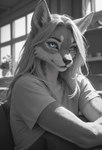 ambiguous_gender anthro blue_eyes clothing detailed_background looking_at_viewer realistic realistic_fur realistic_lighting solo redstallion_(director) canid mammal hi_res monochrome