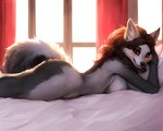 2022 5:4 anthro areola bed bedroom_eyes black_nose blush breasts brown_hair butt canid canine canis colossal_exhoost_fume countershade_fur countershading female fluffy fluffy_tail fur furniture grey_body grey_fur hair inner_ear_fluff inside looking_at_viewer lying lying_on_bed mammal midriff multicolored_body multicolored_fur narrowed_eyes nipples nude on_bed on_front orange_eyes pillow pose seductive side_view smile solo thick_thighs tuft two_tone_body two_tone_fur white_body white_fur window wolf