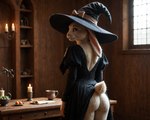 ambiguous_gender anthro black_clothing clothed clothing clothing_lift dress dress_lift exposed_butt fur hat headgear headwear long_ears looking_at_viewer looking_back looking_back_at_viewer slim solo white_body white_fur witch_hat nealime lagomorph leporid mammal rabbit hi_res