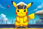 aircraft airship animal_genitalia balls fully_sheathed fur genitals hand_on_stomach looking_at_viewer male on_deck presenting presenting_balls presenting_sheath railing sheath sky smile smiling_at_viewer solo standing vehicle yellow_body yellow_fur jomisa nintendo pokemon captain_pikachu generation_1_pokemon pikachu pokemon_(species)