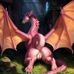 anus butt detailed_background dragon female feral genitals kneeling null pink_body pink_scales presenting presenting_hindquarters pussy scales scalie solo western_dragon wings