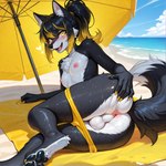 <3 anthro anus_focus backsack balls beach beach_background beach_towel big_butt bikini bikini_bottom black_body black_fur black_hair black_nose black_pawpads black_tail blonde_hair blush breath bubble_butt butt butt_focus butt_grab chest_tuft claws clothed clothing ear_tuft fangs femboy fluffy fluffy_ears fluffy_tail fur genital_focus genitals gold_claws gold_nails hair hand_on_butt highlights_(coloring) inner_ear_fluff light lying lying_on_side makeup male nipples on_side open_mouth panties panties_down panting partially_clothed pawpads pink_nipples ponytail sea seaside solo solo_focus spread_butt spreading sun sunlight swimwear thick_thighs towel tuft underwear underwear_down water wet wet_body white_body white_fur white_tail_tip yellow_eyes arvedui canid canine canis mammal wolf hi_res