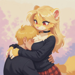 anthro blonde_hair bottomwear breasts choker cleavage clothed clothing female fur hair head_between_breasts jewelry necklace red_eyes romantic skirt solo sweater topwear yellow_body yellow_fur verbotenvertex mila_minx human mammal hi_res