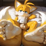 5_toes balls bed bed_sheet bedding blue_eyes clothing erection feet foot_focus fur furniture genitals gloves gloves_only handwear handwear_only humanoid_feet male mostly_nude penis pillow smile smiling_at_viewer soles toes white_body white_fur yellow_body yellow_fur anonymous_director sonic_the_hedgehog_(series) miles_prower canid canine fox mammal hi_res