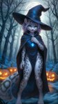 absurd_res anthro clothing coconut_furry_mix_2_vivid_(model) detailed_background felid female fluffy fluffy_tail forest forest_background green_eyes halloween hat headgear headwear hi_res jack-o'-lantern looking_at_viewer magic_user mammal nature nature_background pantherine plant slim smile snow_leopard solo tagme tree witch witch_clothes witch_hat yuki_laneige