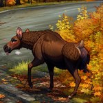 1:1 <3 anus autumn autumn_leaves bodily_fluids brown_body brown_eyes brown_fur capreoline cervid colored detailed detailed_background female feral fur genital_fluids genitals hi_res looking_at_viewer lungfish1223 mammal moose plant presenting pussy raised_tail road solo tongue tongue_out