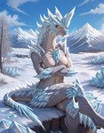 annoyed anthro anthrofied arm_under_breasts biped blue_body blue_scales blue_sky blush breasts claws cloud countershading crossed_arms crossed_legs day detailed_background embarrassed featureless_breasts female finger_claws grey_body grey_scales horn ice looking_at_viewer mountain multicolored_body navel non-mammal_breasts nude outside plant pupils scales sitting sky slit_pupils snow solo spikes spikes_(anatomy) teeth tree tuft white_body white_scales yellow_eyes anotheranon monster_hunter dragon scalie velkhana wingless_dragon wyvern absurd_res hi_res