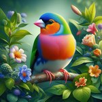 ambiguous_gender beak black_body black_eyes black_feathers blue_body blue_feathers blurred_background branch evergreen_tree feathers feral flower green_body green_feathers leaf moss multicolored_body multicolored_feathers orange_body orange_feathers pine_tree pink_body pink_feathers plant rainbow_body rainbow_feathers solo tree white_body white_feathers wings yellow_body yellow_feathers val_the_sergal avian bird finch oscine passerine