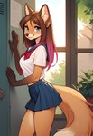 anthro bottomwear breasts clothing female inside looking_at_viewer medium_breasts miniskirt school_uniform skirt solo standing uniform foxlover7796 helga_(iskra) canid canine fox mammal hi_res