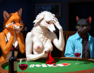 5_fingers alcohol anthro areola beverage black_body black_bra black_claws black_clothing black_fur black_nose black_underwear blue_clothing blue_eyes blush bodily_fluids bottle bra breasts card card_game chair cheek_tuft chest_tuft claws clothed clothed_anthro clothed_female clothed_male clothing container countershade_face countershade_hands countershade_torso countershading covering covering_face cup dark dark_background detailed_background dress_shirt drinking_glass drunk embarrassed eyebrows eyelashes facial_tuft female finger_claws fingers fluffy fluffy_ears fluffy_fur fur furniture gaming glass glass_container glass_cup green_sclera group hand_on_cheek hand_on_face hand_on_head holding_clothing holding_object holding_panties holding_underwear inner_ear_fluff inside long_snout looking_at_another looking_down male medium_breasts monotone_body monotone_fur multicolored_body multicolored_fur neck_tuft nipples nose_blush one_eye_obstructed open_clothing open_shirt open_topwear orange_body orange_fur painting_(object) panties partially_clothed pink_areola pink_nipples pink_nose playing_card poker poker_table red_clothing red_panties red_underwear shirt sitting smile snaggle_tooth snout strip_poker substance_intoxication table topless topwear trio tuft underwear white_body white_countershading white_fur wine wine_bottle wine_glass vertexlynx borzoi canid canine canis domestic_cat domestic_dog felid feline felis fox hunting_dog mammal sighthound 2025 detailed digital_media_(artwork) hi_res prompt_metainfo shaded