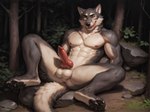 4_toes abs animal_genitalia animal_penis anthro anus balls biceps black_pawpads bodily_fluids butt canine_genitalia canine_penis claws countershading detailed_background dripping erection fangs feet forest fur genital_fluids genitals grass grey_body grey_fur knot leaking_precum licking licking_lips looking_at_viewer male multicolored_body muscular muscular_anthro muscular_male navel neck_tuft nipples nude nude_male outside pawpads paws pecs penis plant precum precum_drip presenting presenting_anus presenting_hindquarters presenting_penis rock seductive sheath smile solo spread_legs spreading teeth toe_claws toes tongue tongue_out tree tuft white_body white_fur yellow_eyes anonymous_director canid canine canis mammal wolf hi_res