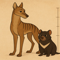 ambiguous_gender brown_body brown_fur chart comparing duo feral friends fur height_chart simple_background tan_body tan_fur whatshisnuts inala_(whatshisnuts) toba_(whatshisnuts) dasyurid dasyuromorph mammal marsupial tasmanian_devil thylacine model_sheet